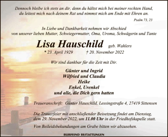 Traueranzeige von Lisa Hauschild von SYK