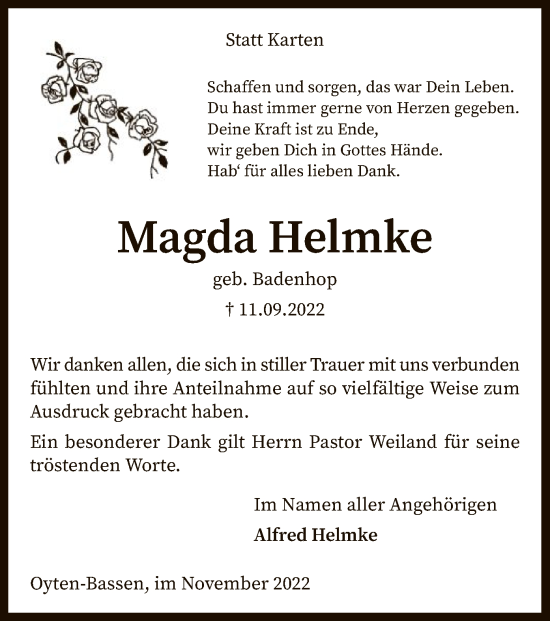 Traueranzeige von Magda Helmke von SYK