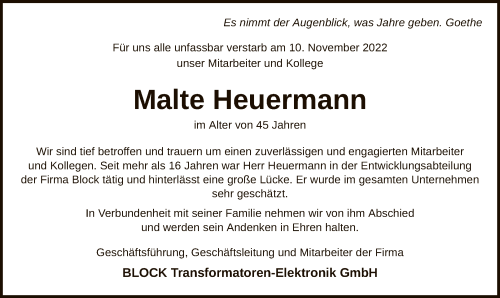  Traueranzeige für Malte Heuermann vom 24.11.2022 aus SYK