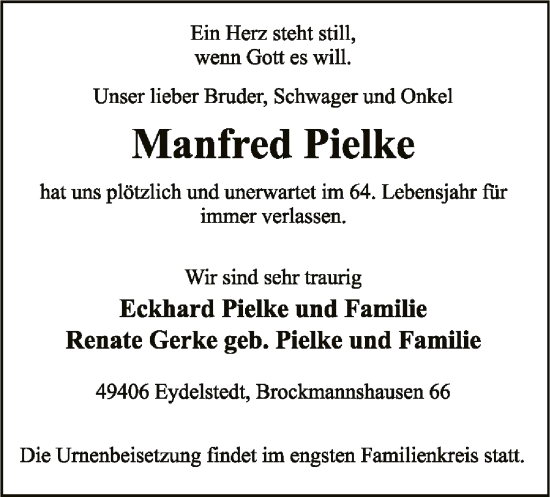 Traueranzeige von Manfred Pielke von SYK