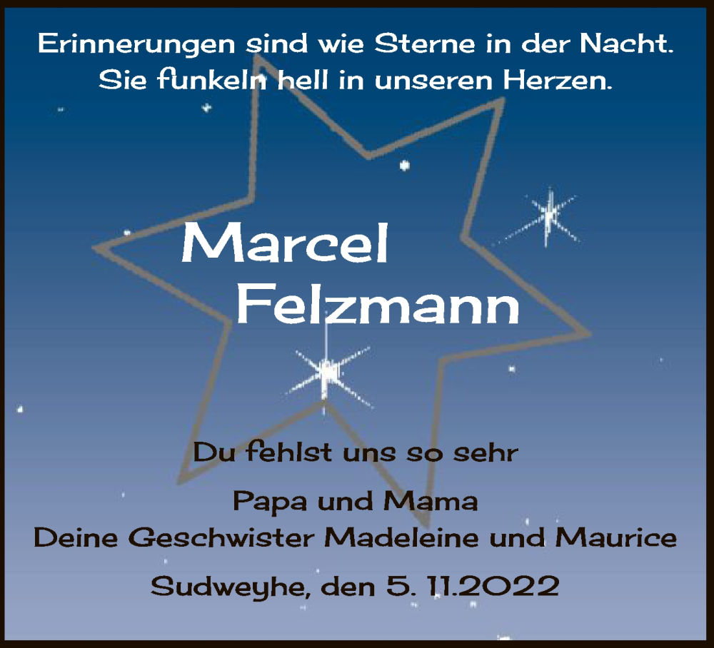  Traueranzeige für Marcel Felzmann vom 05.11.2022 aus SYK