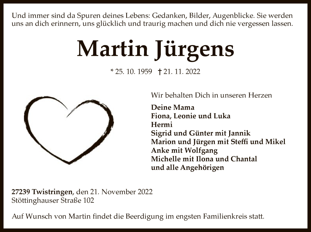  Traueranzeige für Martin Jürgens vom 25.11.2022 aus SYK