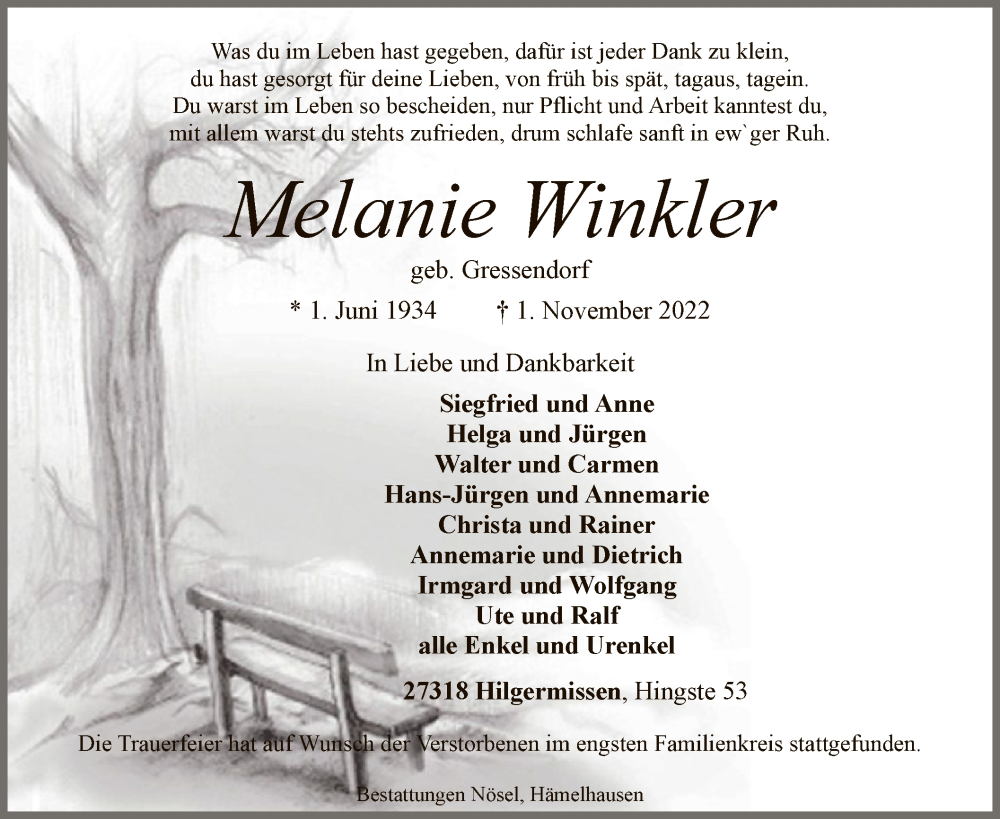  Traueranzeige für Melanie Winkler vom 26.11.2022 aus SYK