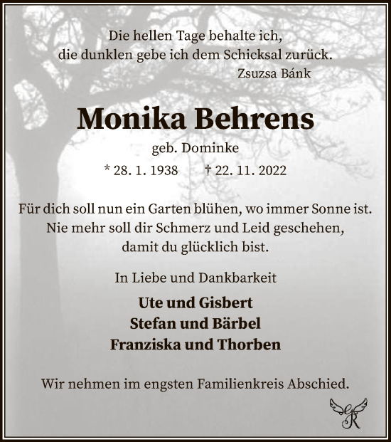 Traueranzeige von Monika Behrens von SYK