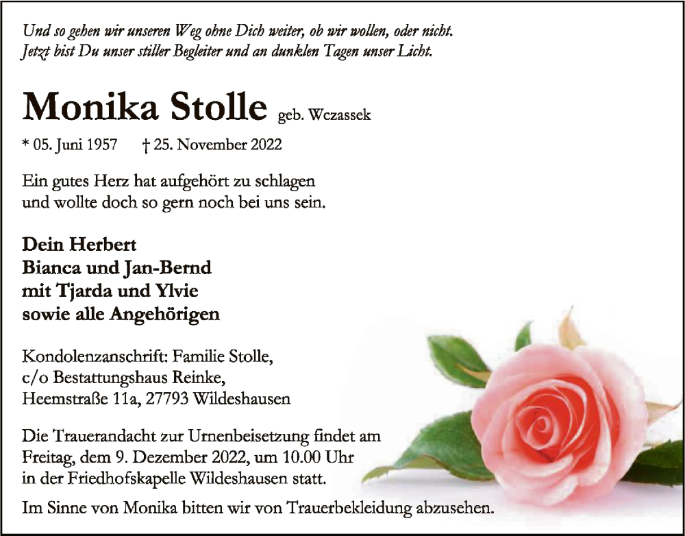  Traueranzeige für Monika Stolle vom 30.11.2022 aus SYK