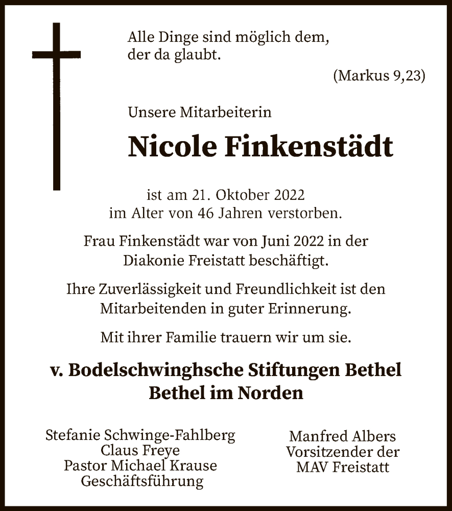  Traueranzeige für Nicole Finkenstädt vom 24.11.2022 aus SYK
