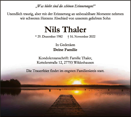 Traueranzeige von Nils Thaler von SYK