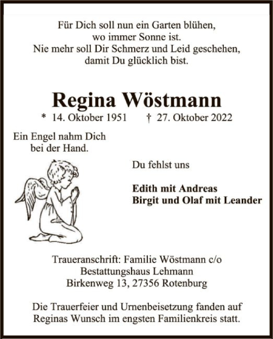 Traueranzeige von Regina Wöstmann von SYK