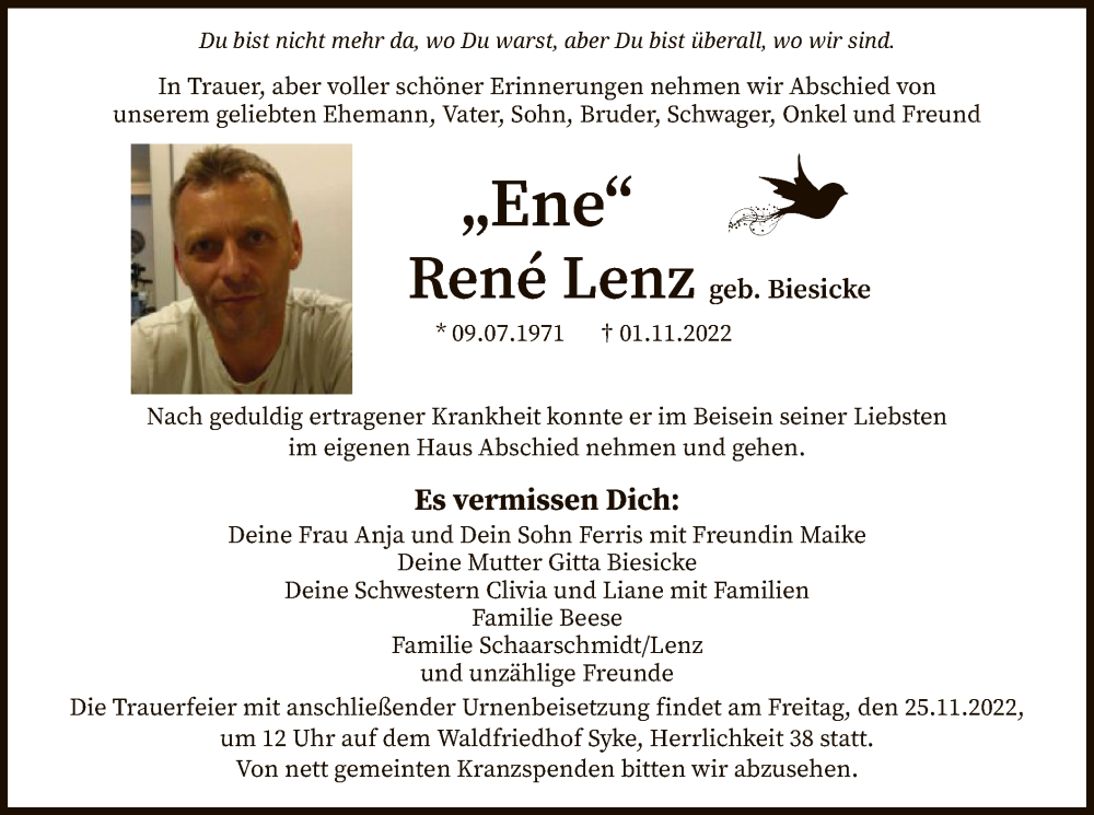  Traueranzeige für Rene Lenz vom 05.11.2022 aus SYK