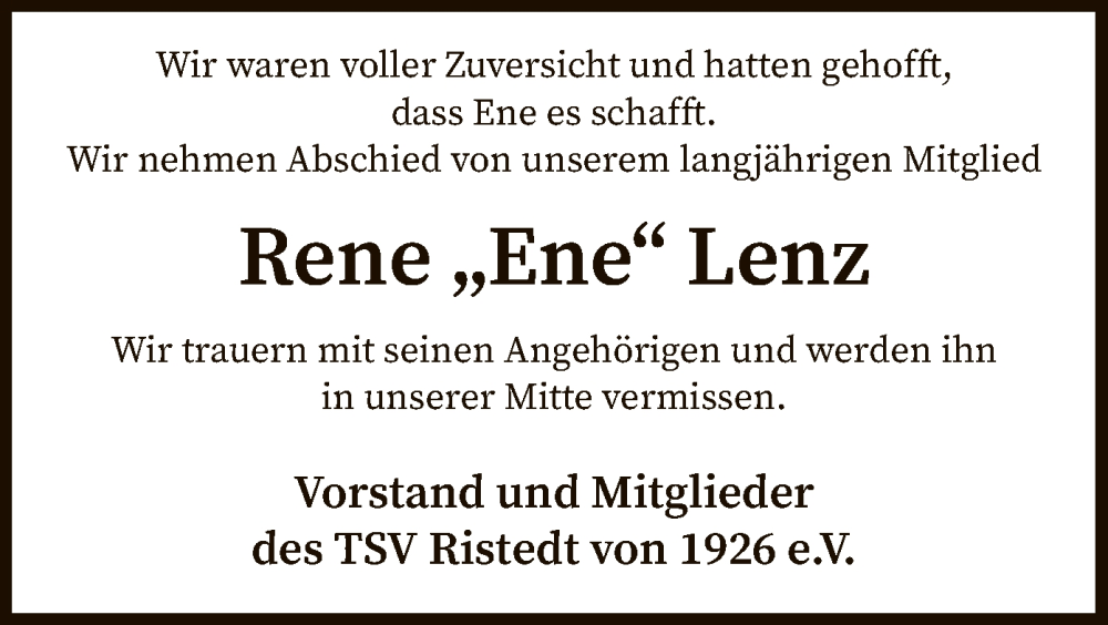  Traueranzeige für Rene Lenz vom 05.11.2022 aus SYK