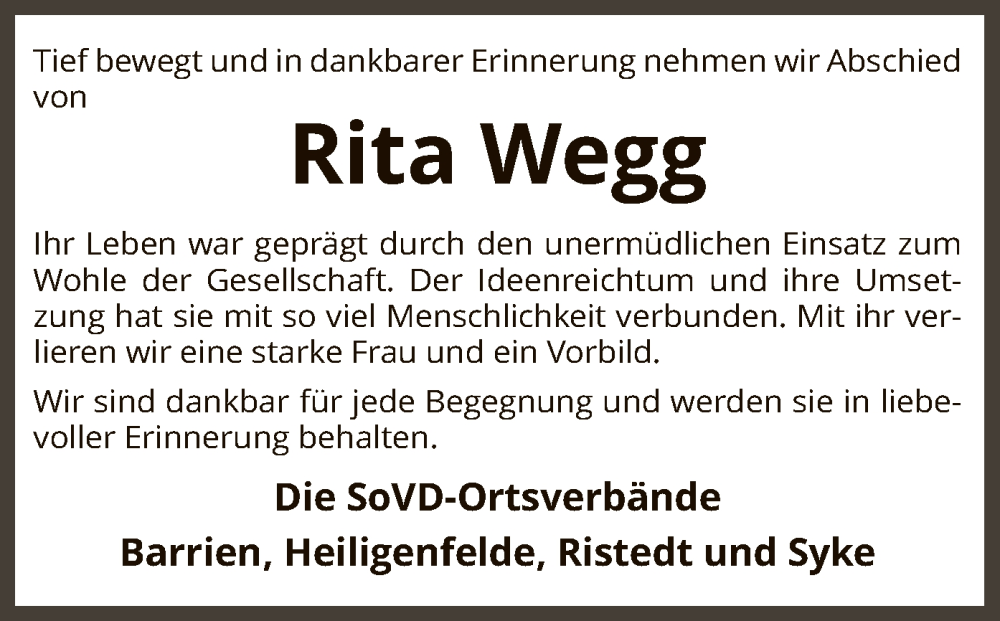  Traueranzeige für Rita Wegg vom 26.11.2022 aus SYK