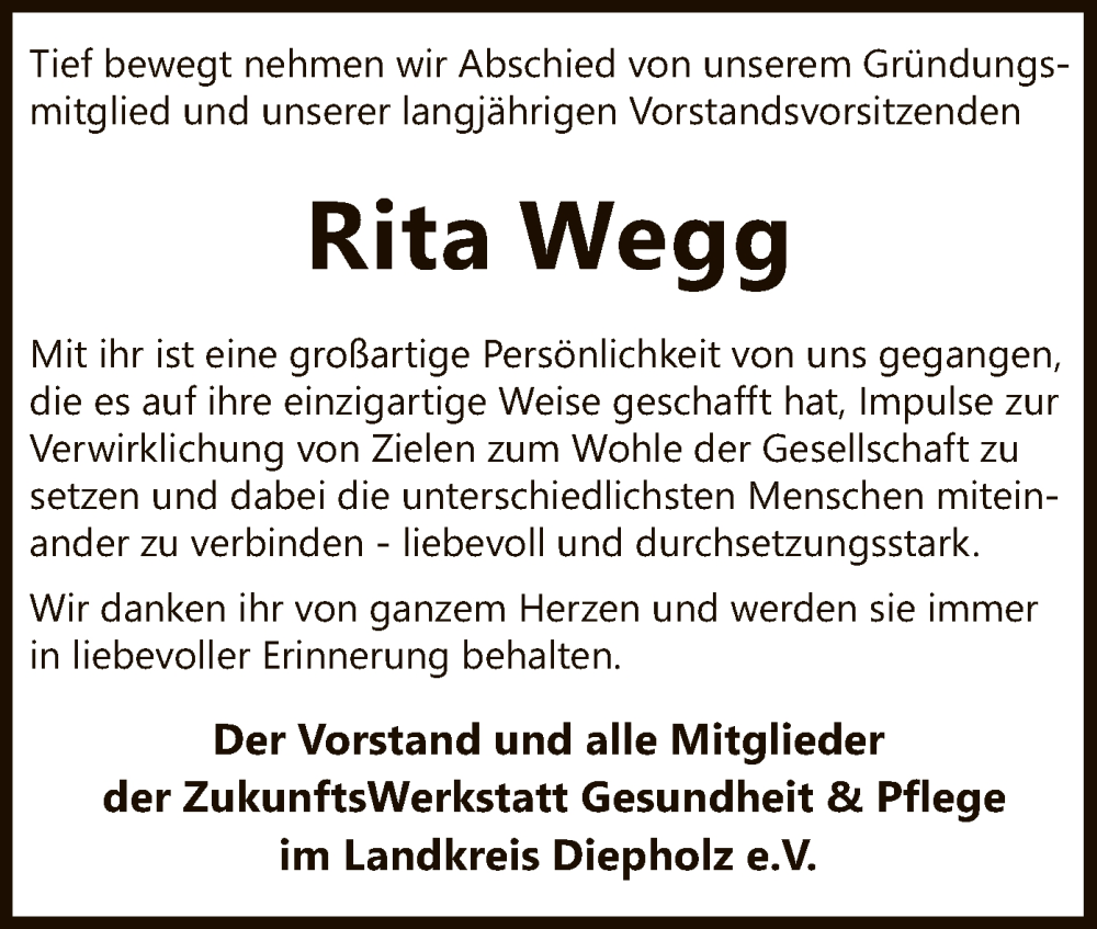  Traueranzeige für Rita Wegg vom 24.11.2022 aus SYK