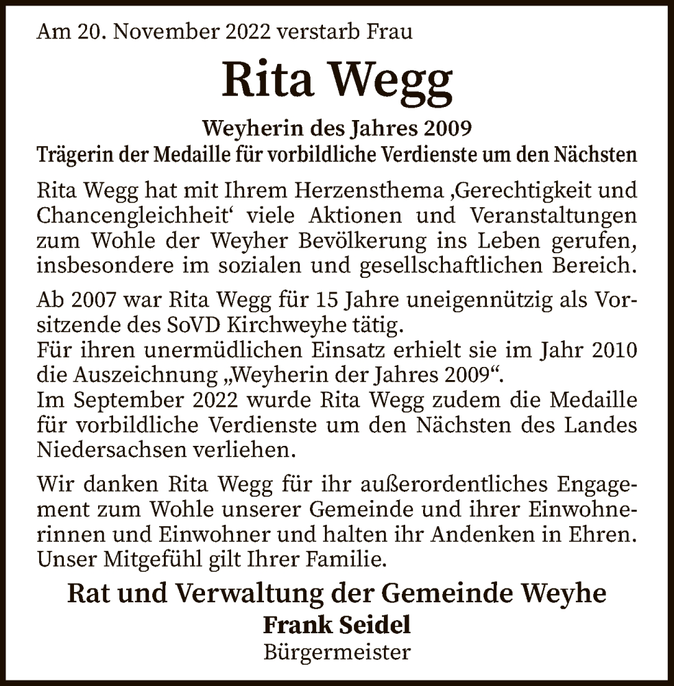  Traueranzeige für Rita Wegg vom 24.11.2022 aus SYK