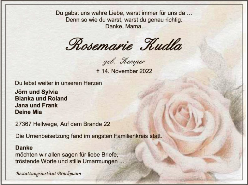  Traueranzeige für Rosemarie Kusla vom 26.11.2022 aus SYK