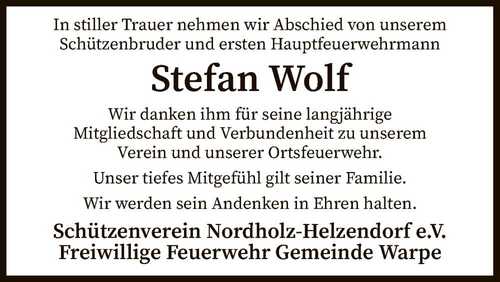  Traueranzeige für Stefan Wolf vom 30.11.2022 aus SYK