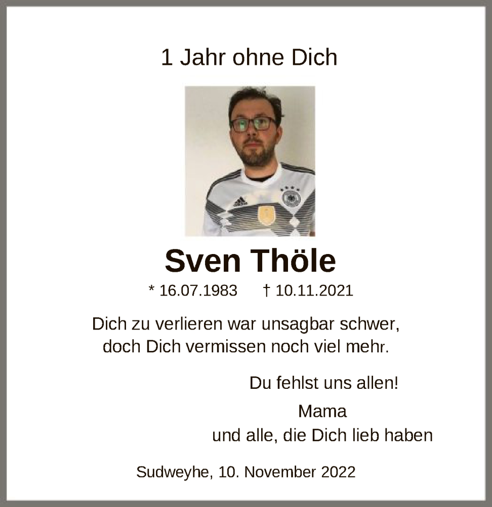  Traueranzeige für Sven Thöle vom 10.11.2022 aus SYK