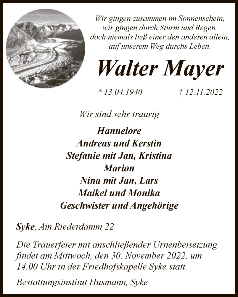  Traueranzeige für Walter Mayer vom 18.11.2022 aus SYK