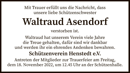 Traueranzeige von Waltraud Asendorf von SYK