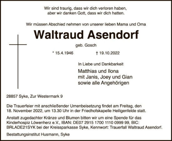 Traueranzeige von Waltraud Asendorf von SYK