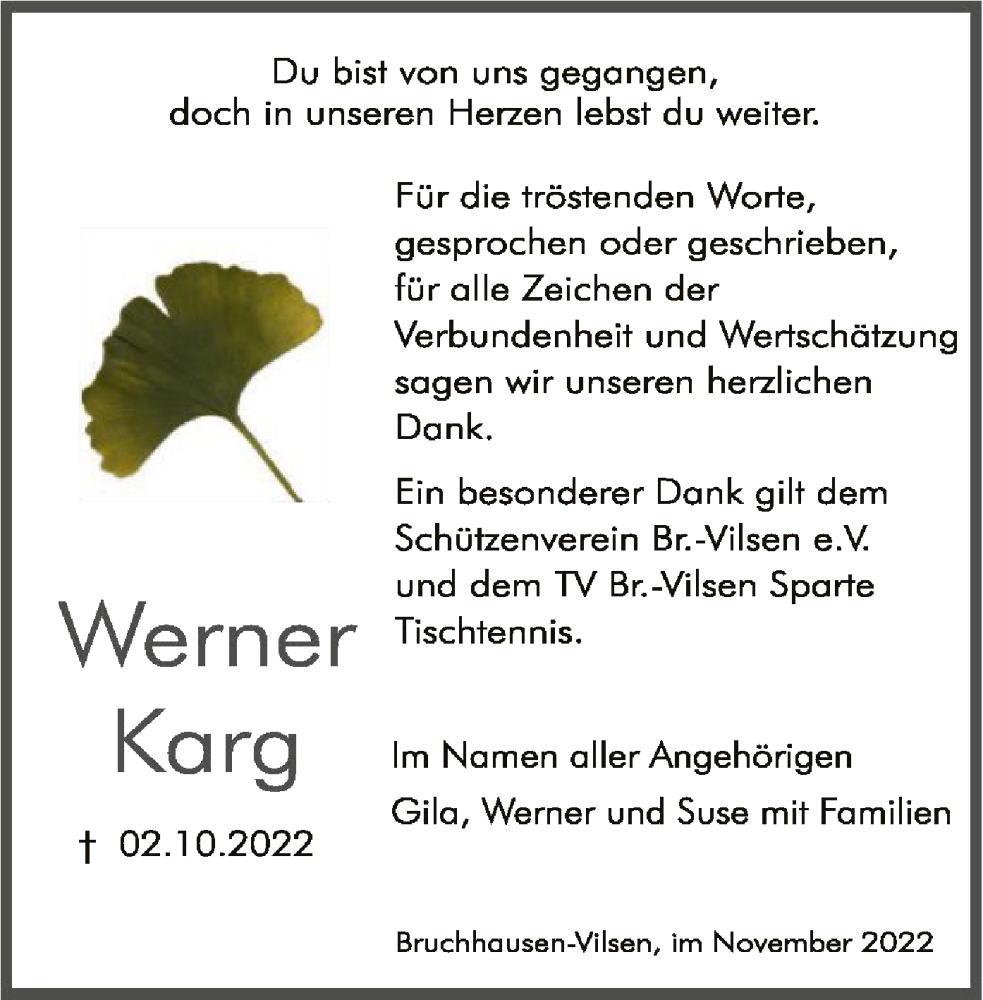  Traueranzeige für Werner Karg vom 23.11.2022 aus SYK