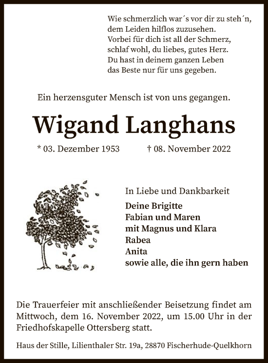 Traueranzeige von Wigand Langhans von SYK