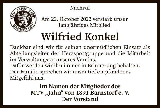 Traueranzeige von Wilfried Konkel von SYK