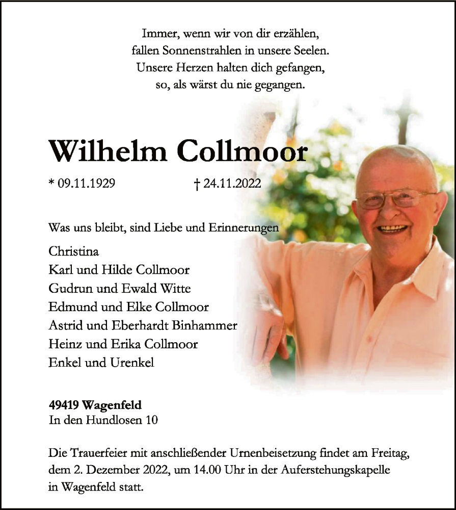  Traueranzeige für Wilhelm Collmoor vom 26.11.2022 aus SYK