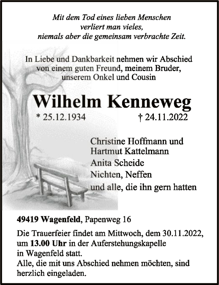  Traueranzeige für Wilhelm Kenneweg vom 26.11.2022 aus SYK