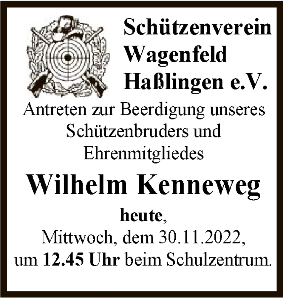  Traueranzeige für Wilhelm Kenneweg vom 30.11.2022 aus SYK
