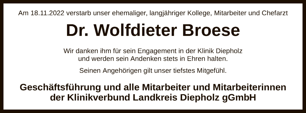  Traueranzeige für Wolfdieter Broese vom 26.11.2022 aus SYK