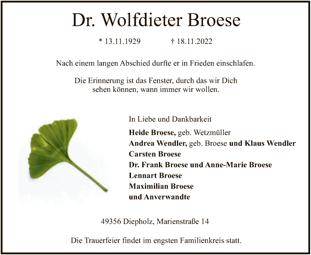  Traueranzeige für Wolfdieter Broese vom 22.11.2022 aus SYK
