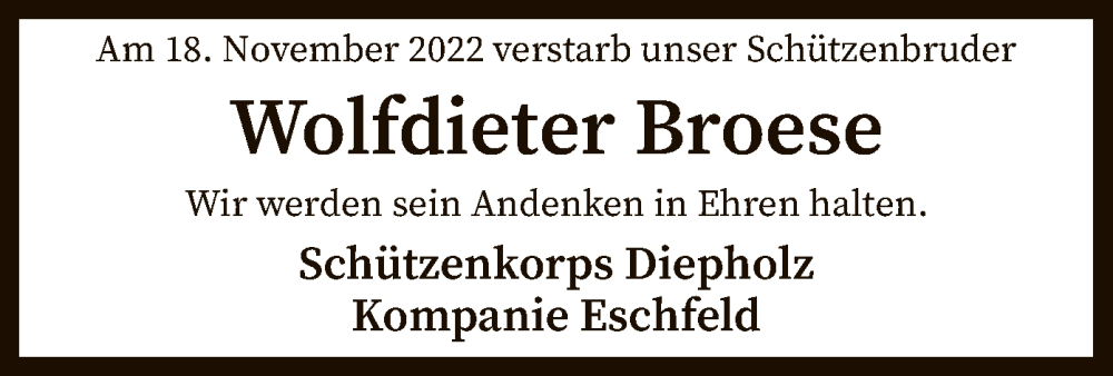 Traueranzeige für Wolfdieter Broese vom 24.11.2022 aus SYK