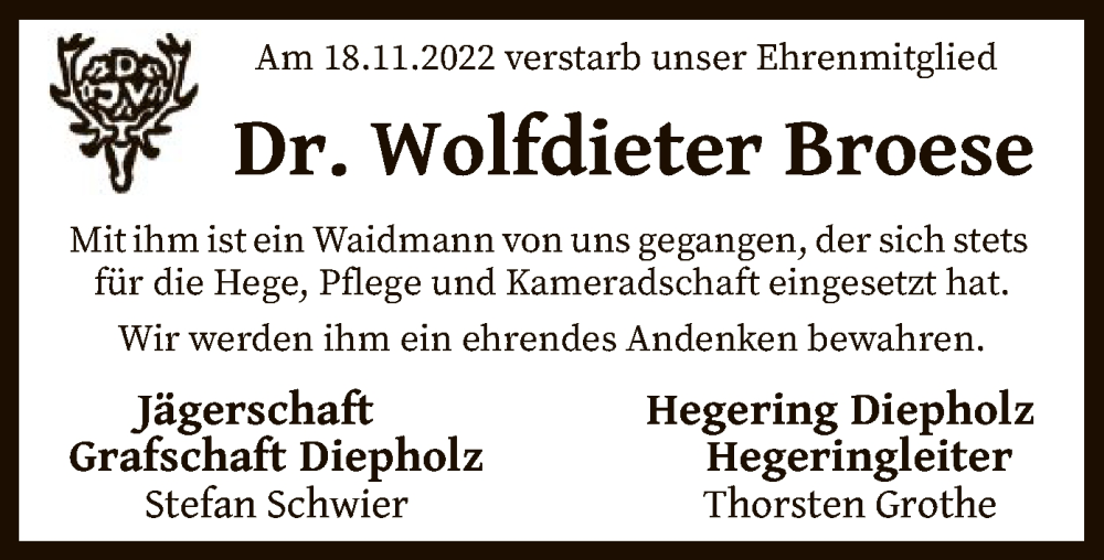  Traueranzeige für Wolfdieter Broese vom 29.11.2022 aus SYK