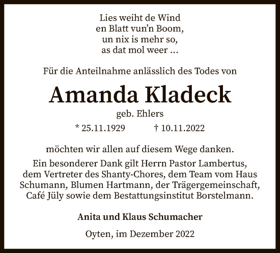 Traueranzeige von Amanda Kladeck von SYK