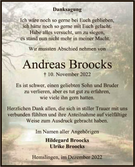 Traueranzeige von Andreas Broocks von SYK