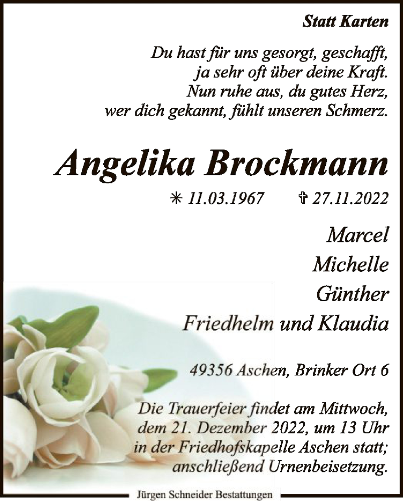  Traueranzeige für Angelika Brockmann vom 10.12.2022 aus SYK