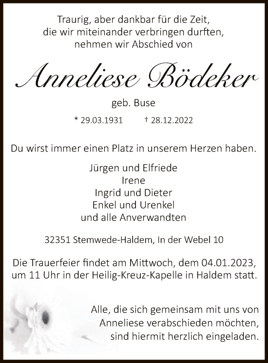 Traueranzeige von Anneliese Bödeker von SYK