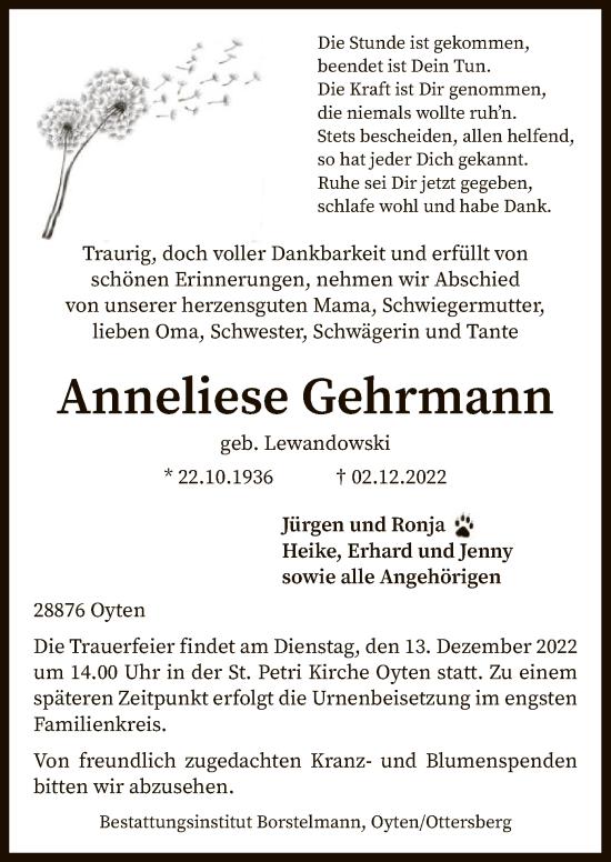 Traueranzeige von Anneliese Gehrmann von SYK