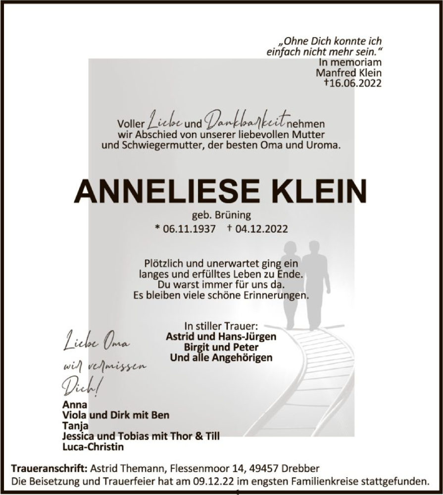  Traueranzeige für Anneliese Klein vom 10.12.2022 aus SYK