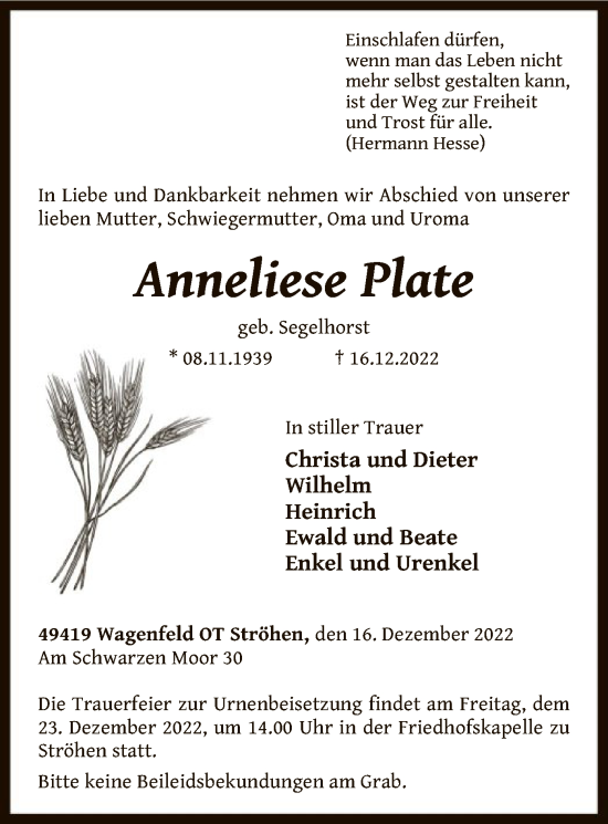 Traueranzeige von Anneliese Plate von SYK