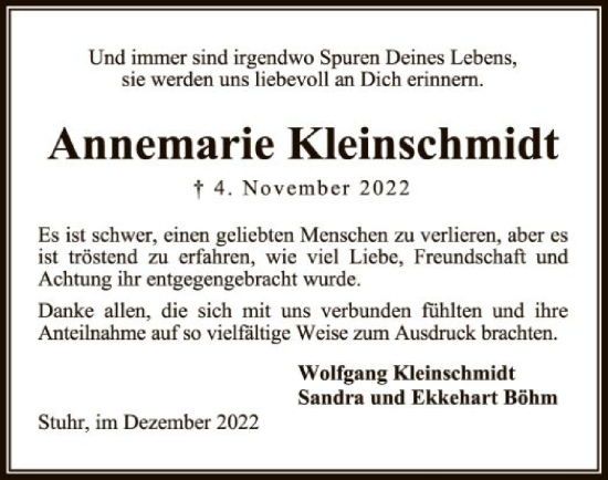 Traueranzeige von Annemarie Kleinschmidt von SYK