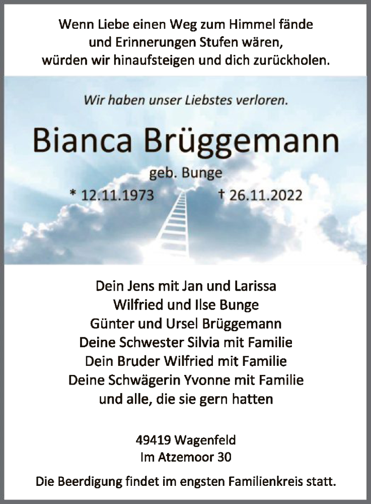  Traueranzeige für Bianca Brüggemann vom 01.12.2022 aus SYK
