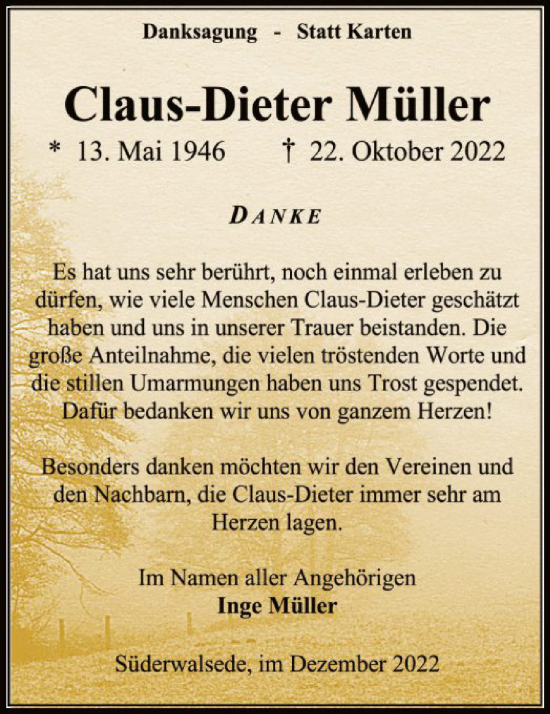 Traueranzeige von Claus-Dieter Müller von SYK