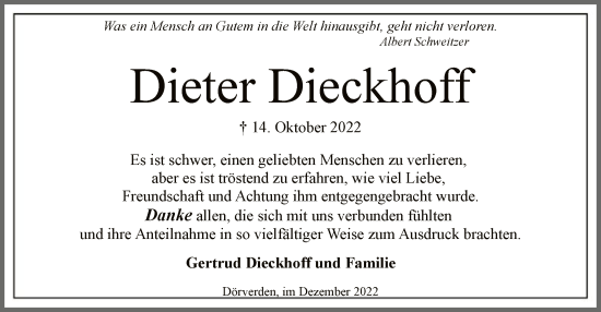 Traueranzeige von Dieter Dieckhoff von SYK