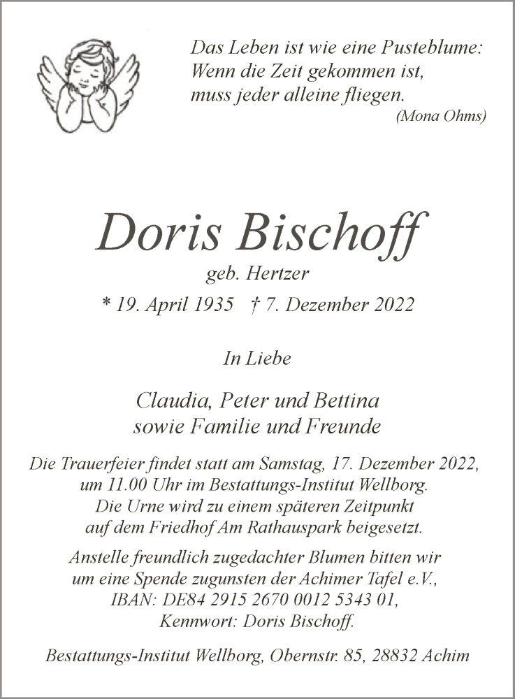  Traueranzeige für Doris Bischoff vom 10.12.2022 aus SYK