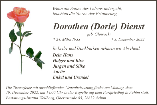 Traueranzeige von Dorothea Dienst von SYK