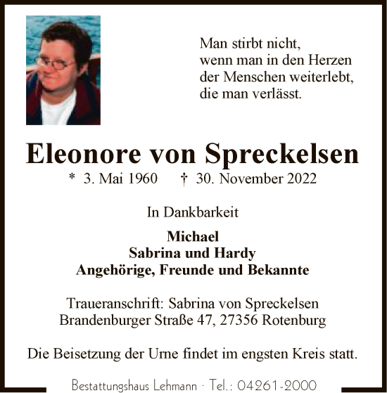 Traueranzeige von Eleonore von Spreckelsen von SYK