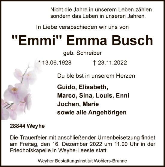 Traueranzeige von Emma Busch von SYK