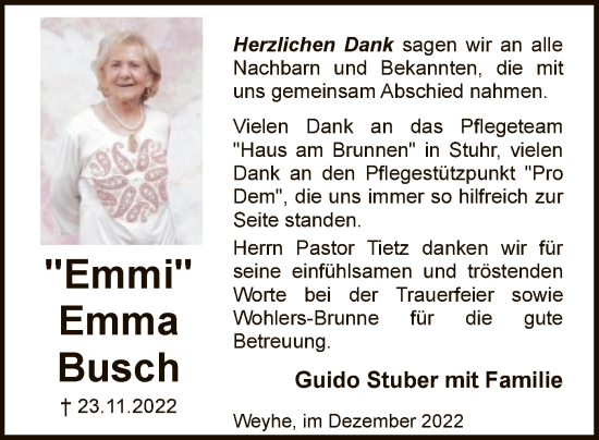 Traueranzeige von Emma Busch von SYK