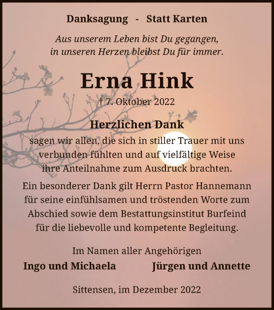 Traueranzeige von Erna Hink von SYK